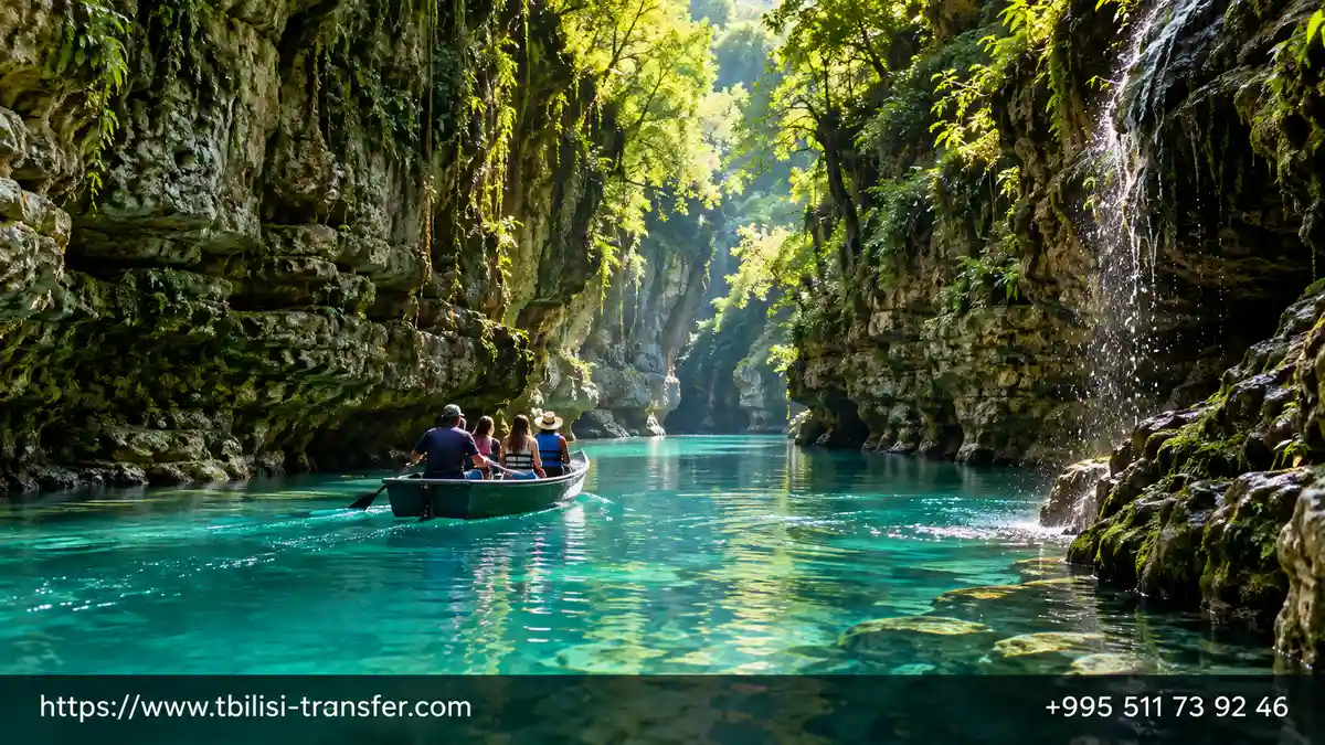 Emerald Martvili Canyon with a rowboat on the Abasha river in western Georgia