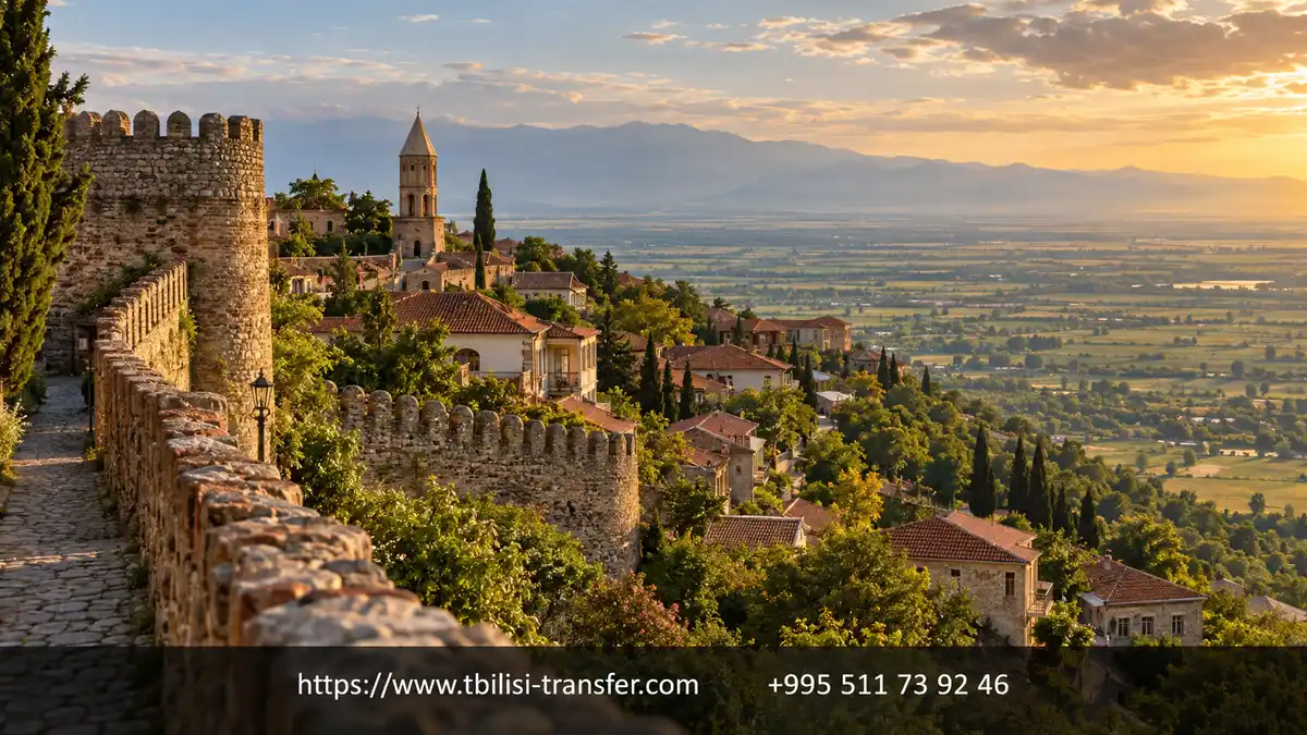City walls of Sighnaghi overlooking the Alazani Valley in Kakheti, Georgia's wine region
