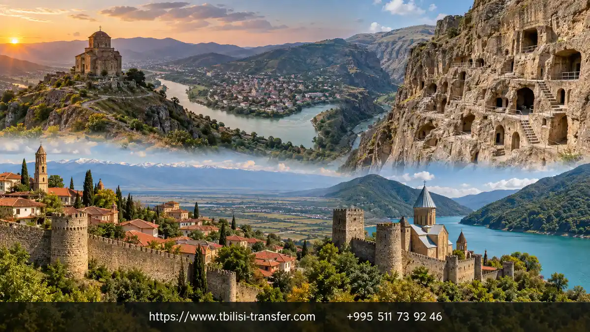 Collage of Georgia's top attractions — Jvari, Vardzia, Sighnaghi, Ananuri