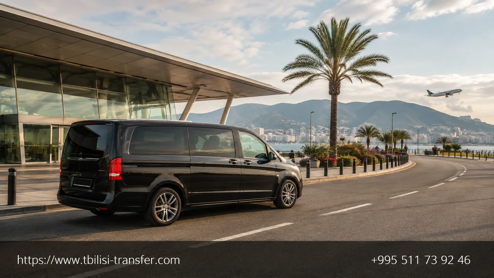 Batumi airport transfer — car at the terminal with palm trees in the background