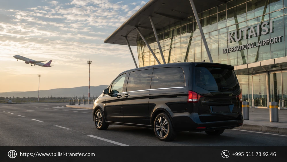 Kutaisi airport transfer — car waiting outside the terminal building