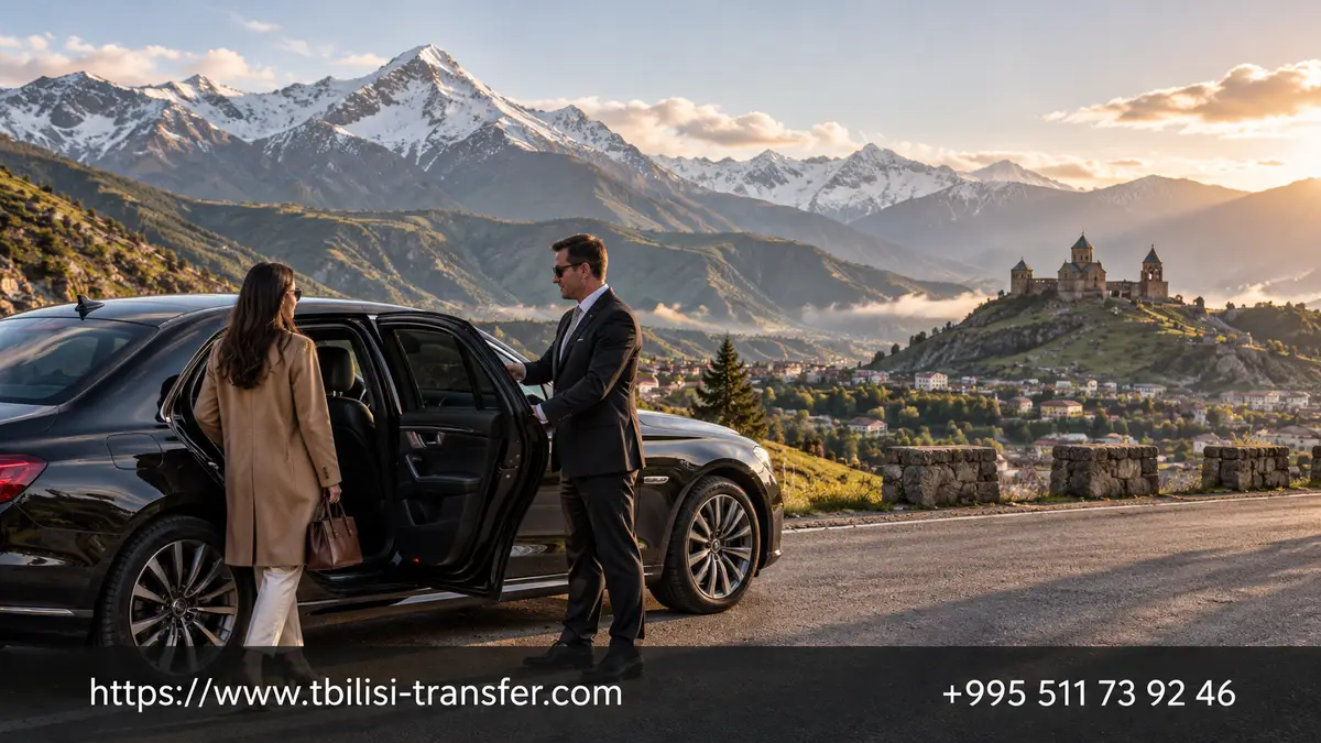 Car with a private driver on a mountain road in Georgia for hourly rental