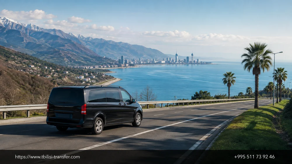 Road from Tbilisi to Batumi — car on the highway with a Black Sea coast view