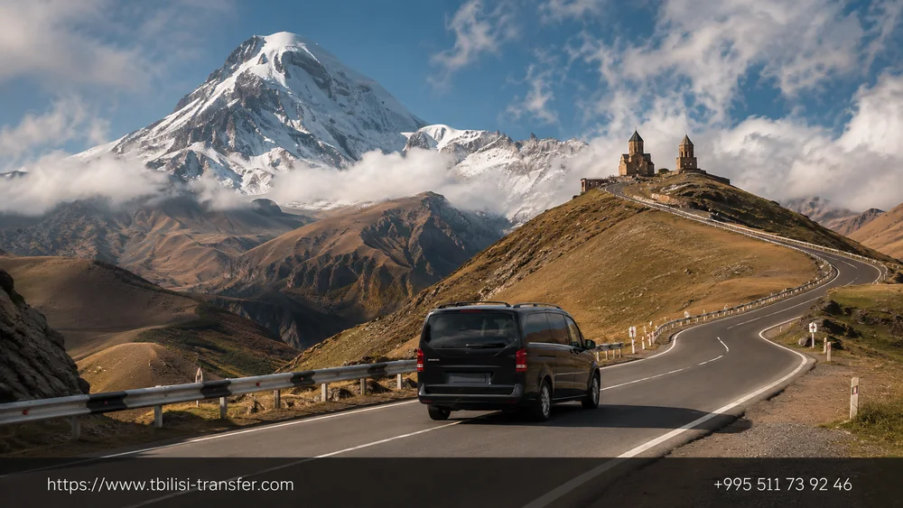 Georgian Military Highway on the way to Kazbegi — view of Gergeti Trinity Church