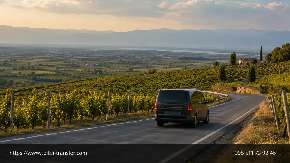Road into Kakheti — car passing vineyards on the way to Telavi